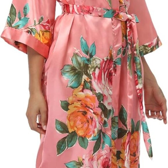Women's Floral Kimono Robes Bridal Party Satin Long Length Bathrobes Silk Sleepw - Picture 4 of 6
